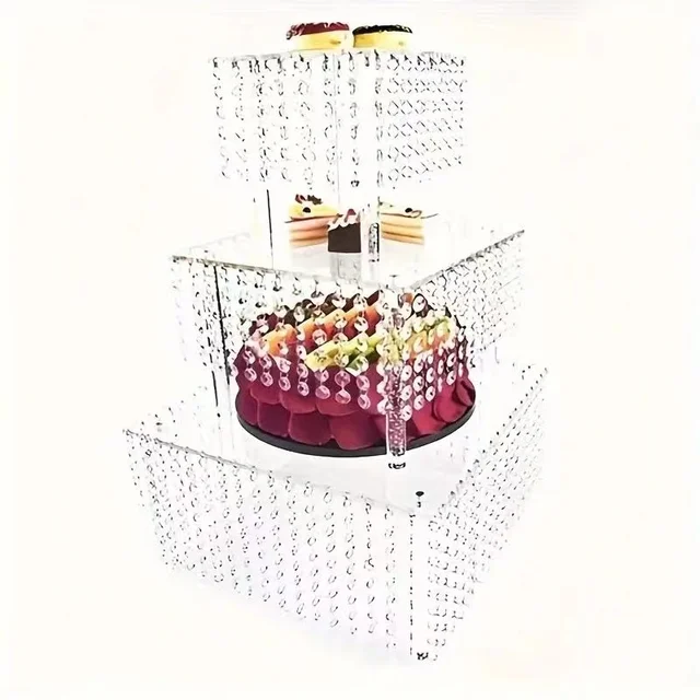 European 3-layer Crystal Bead Square Acrylic Clear Buffet Fruit Cake Stand Dessert Tray Dessert Table For Wedding party