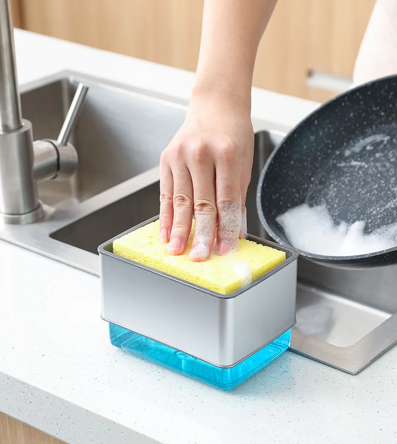 Kitchen Tool Manual Press Cleaning Liquid Dispenser Container Soap Dispenser Pump With Sponge