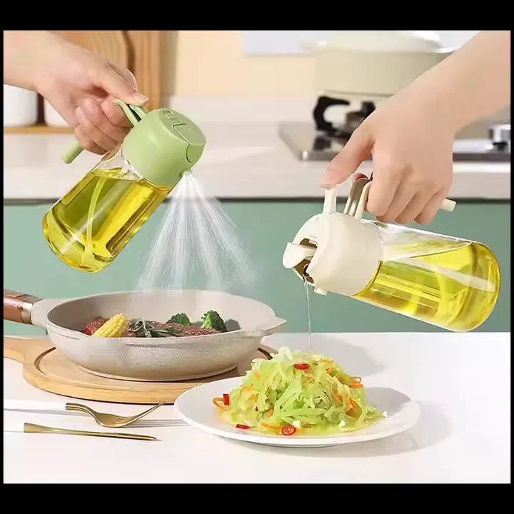 RTS 2025 2 in 1 Olive Oil Dispenser Bottle Cooking Oil Sprayer 500ml Glass Oil Spray Bottle with Premium Nozzle for BBQ