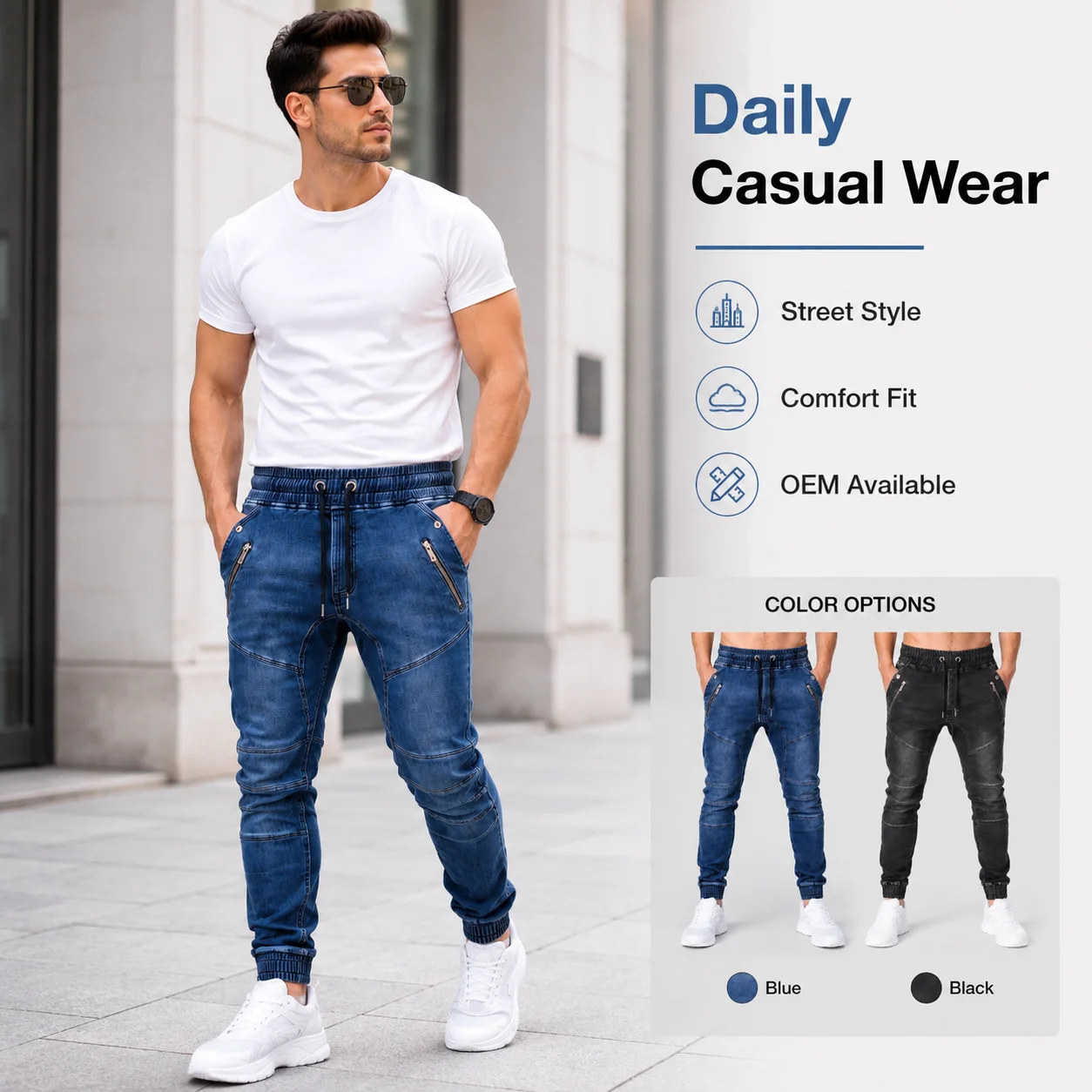 Hot-Selling European and American Men's Mid Waist Washed Denim Casual Pencil Pants