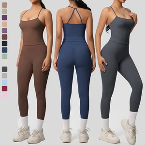 Custom Logo Women's 2-Piece Fitness Sports Suit Sleeveless Halter Vest Top Pants Yoga Legging Outfit Spandex/Nylon High-Waisted
