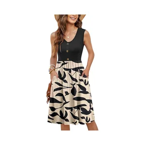 Women's Summer Casual Sundress Loose Swing Button Pockets Sleeveless Knee-Length Printed Pattern Natural Waistline Breathable