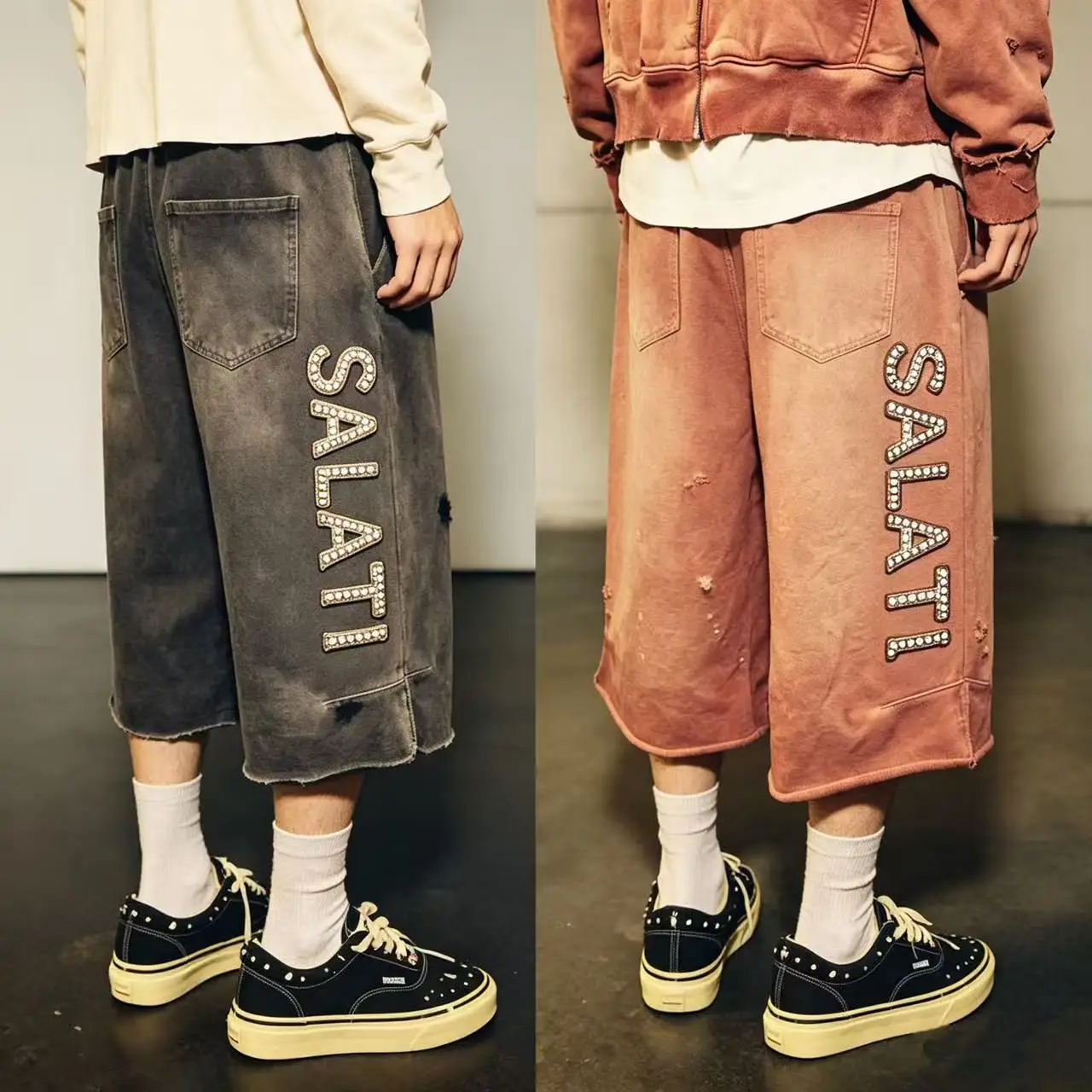Oem Sunafded Vintage Washed Heavyweight French Terry Jogger Shorts Mens Custom Rhinestone logo Baggy Long Sweat Shorts