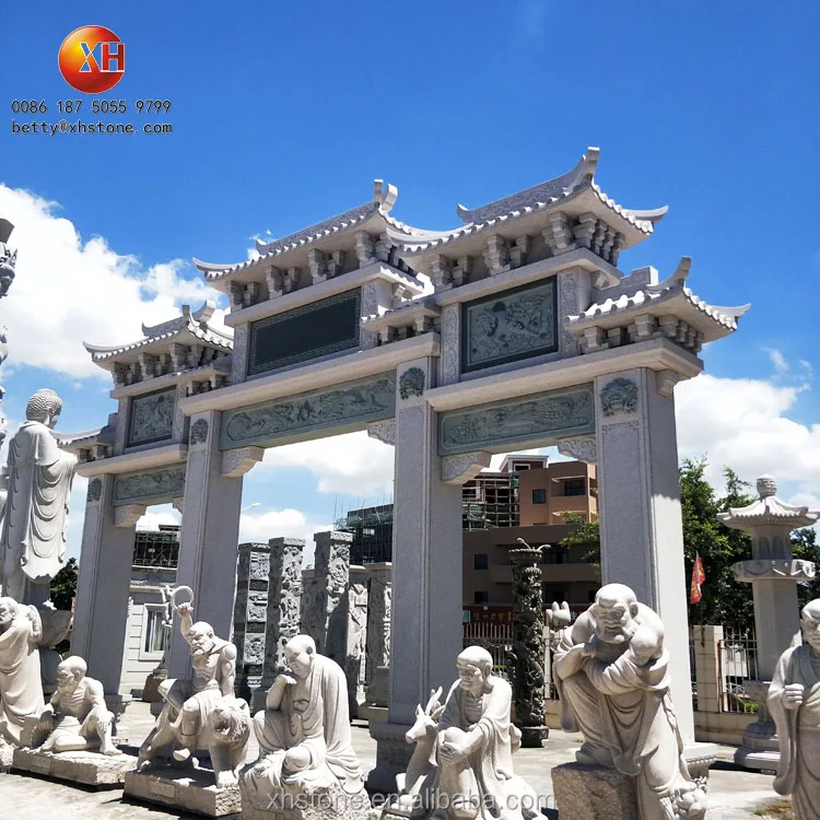 Temple Gate Tower Stone Carved Archway Chinese Tradition Landscape Garden Stone Arch With Dragon Relief Statue