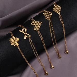 Minimalist 18K Gold Plated Stainless Steel Jewelry Sets Trendy Engraved Flower Bow Heart Charm Bracelet for Gift