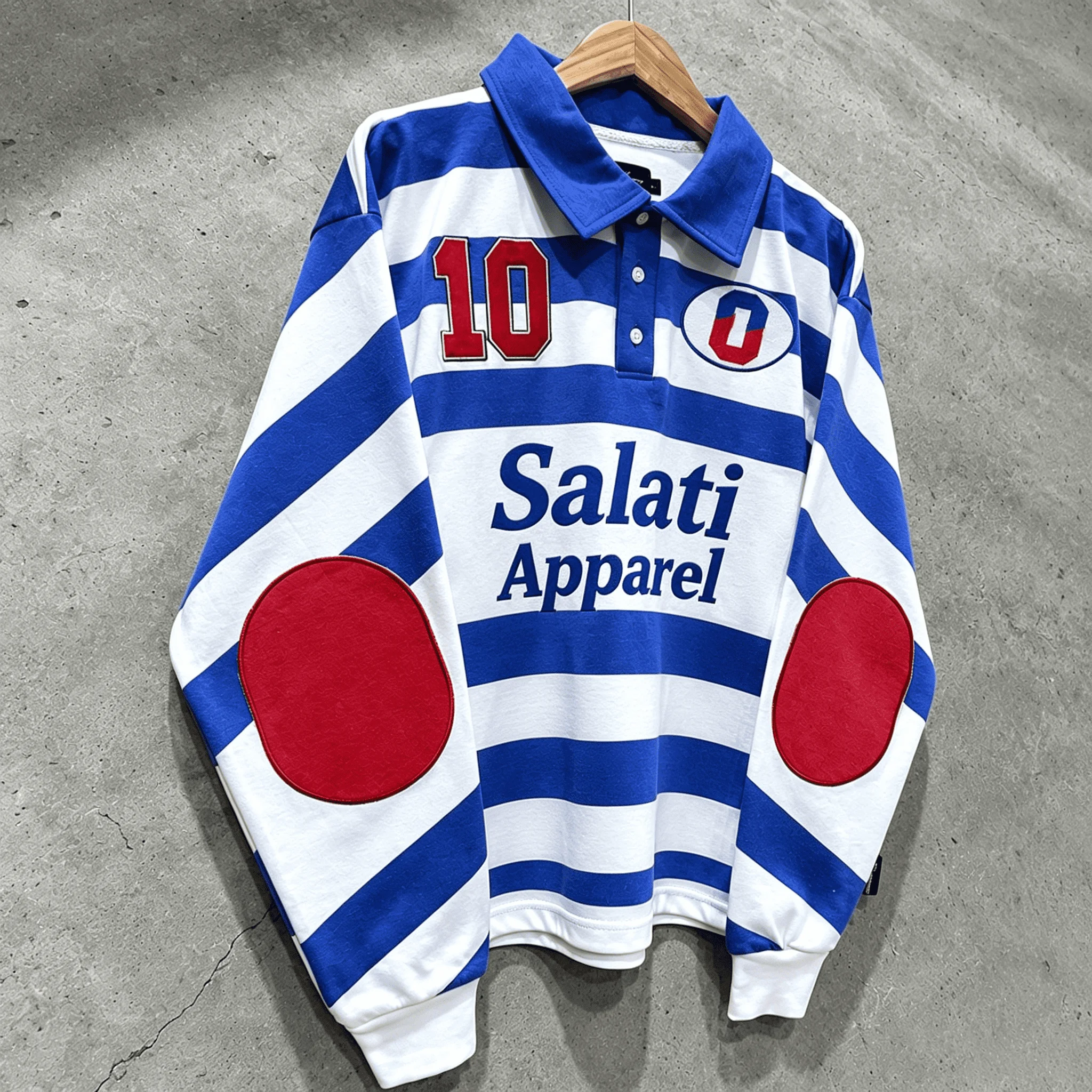 Factory Custom Retro Stripe Long Sleeve Rugby Polo Applique Letter Print Elbow Pad Hip Hop Loose Fit Mens Casual Collar Tee gallery 2