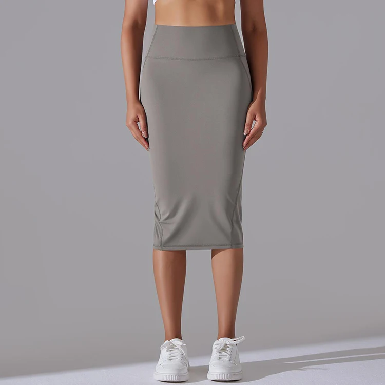 Women Girls Sexy Nude Feeling Mid-length Vent Package Hip Skirt Casual Solid Color High Waist Yoga Dress