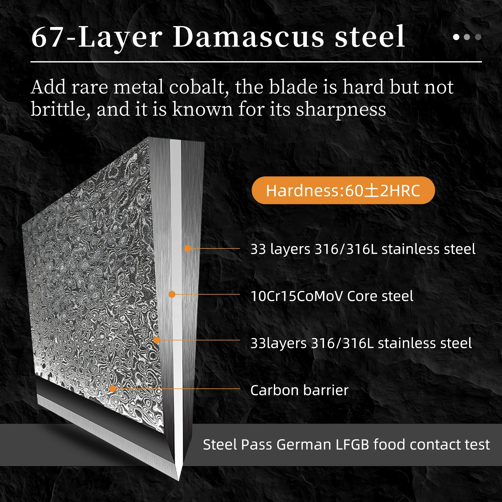 Conjunto de 9 facas de cozinha profissionais com cabo em ABS e aço damasco, acompanhadas de bloco de madeira._voghion.com