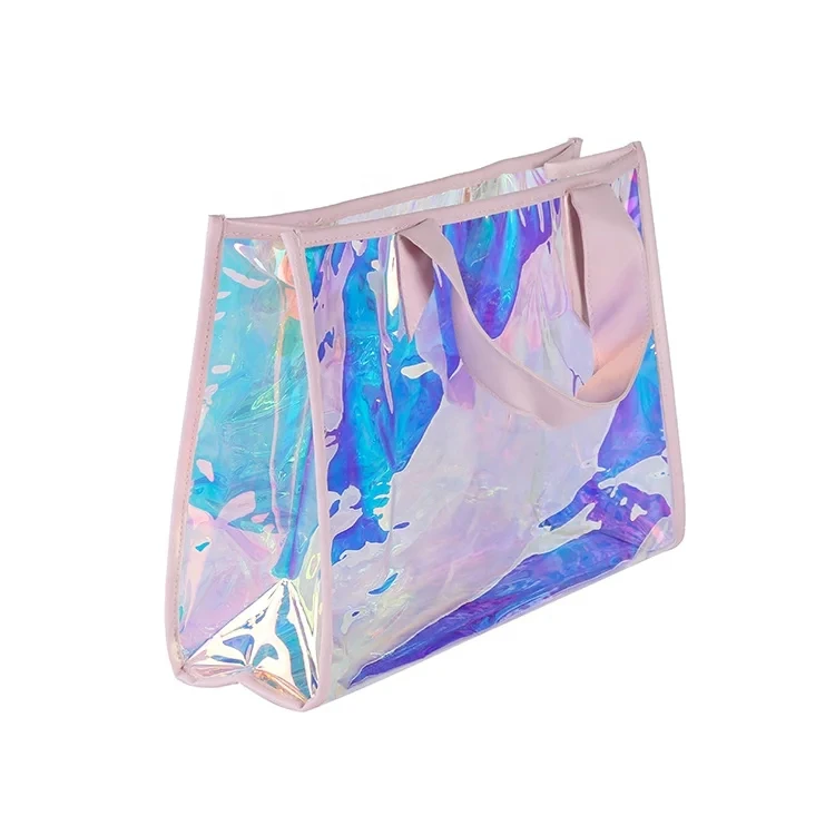 Personalized Transparent PVC Cosmetic Bag Holographic Woman Tote Shopping Bags
