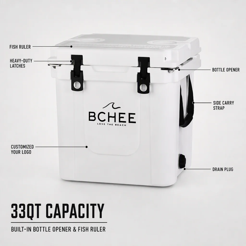 Custom Logo 33QT Waterproof Thermal Insulated Rotomolded PE Plastic Portable Cooler Box 5-Day Dry Ice Preservation for Camping