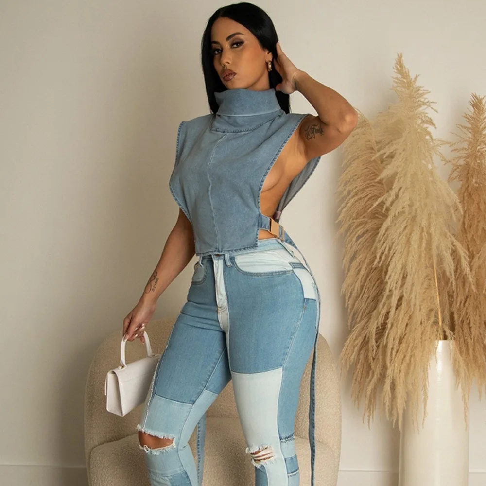 Fashion New Sleeveless Side Hollow Out Blouse Ladies Jeans Tops Solid Color Turtleneck Causal Denim Vest Women
