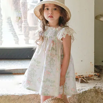 2024 Summer Korean children's clothing Girls children elastic lace sleeve flowers dress
