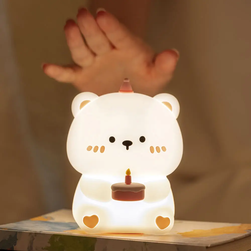 Novelty Animal Gifts Cute Cake Bear Silicone Lamp Kids Baby Night Light Tap  Squishy Soothing Lamp for Baby Room Bedroom Bedside