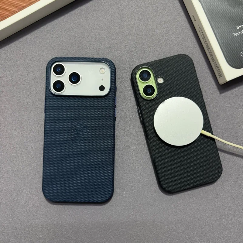 product customized woven fabric techwoven pu leather phone case with magnetic for iphone 17 pro max tech woven back cover with ai button-2