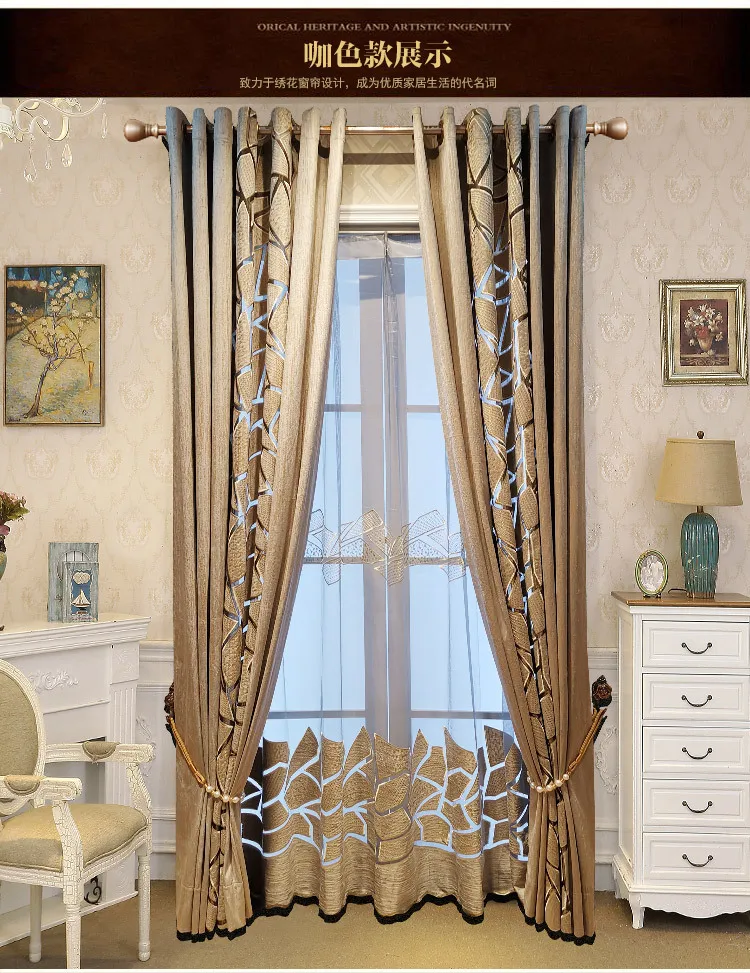 European Style Luxury Blue Golden Hollow Embroidery OEKO-TEX Certified Polyester Blackout All-Season Wave Window Curtains Flame