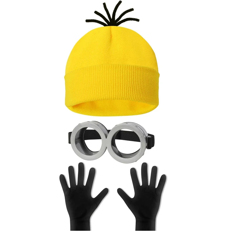3Pcs Yellow Cosplay Costume Accessories Yellow Beanie Hat  Goggles Gloves for Men Women Cosplay Party Set