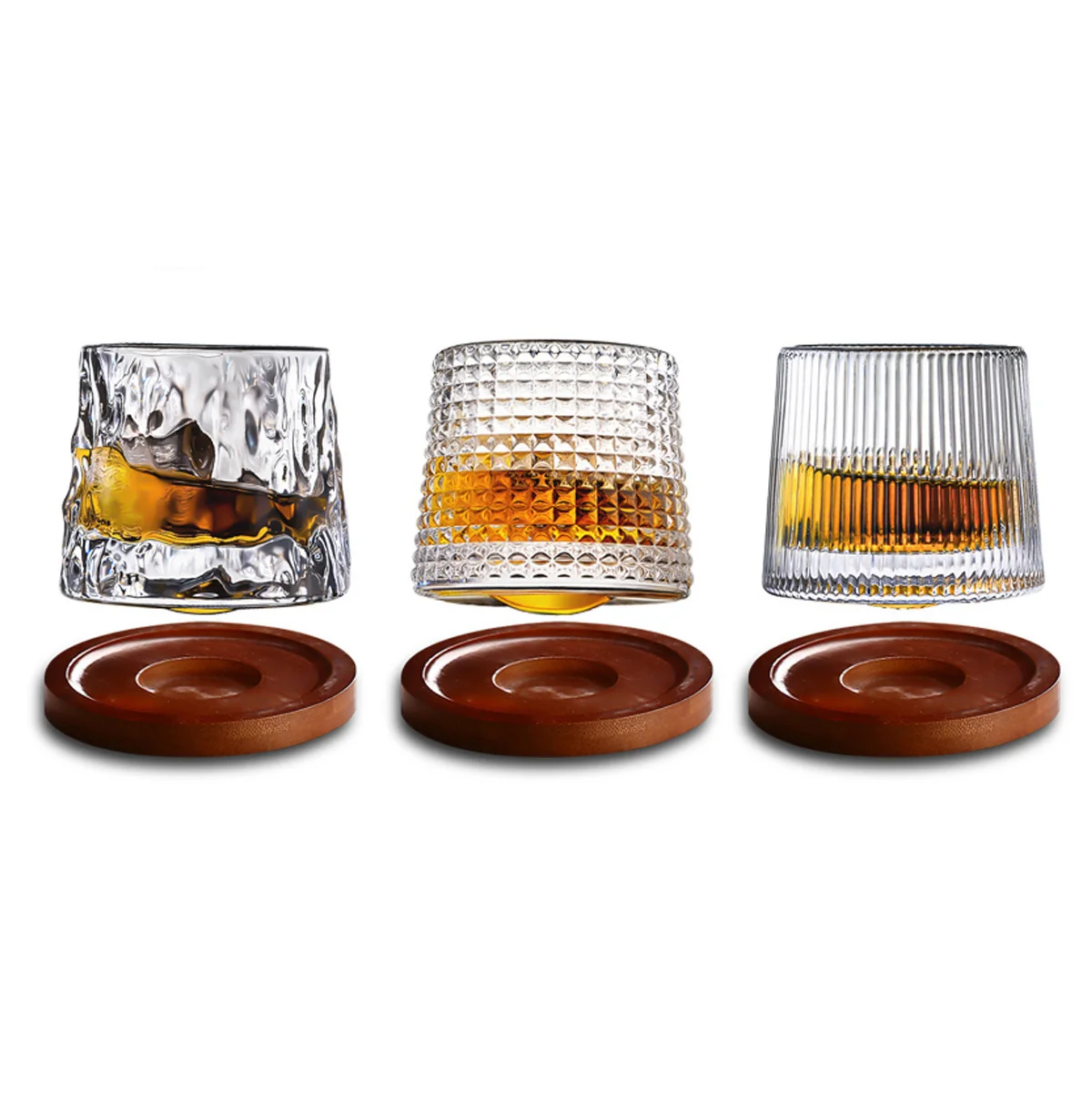 Nordic Design Embossed Transparent Crystal Luxury Rotating Glass Cup  Whiskey Cups with Walnut Ebony Stand for Wine Serving
