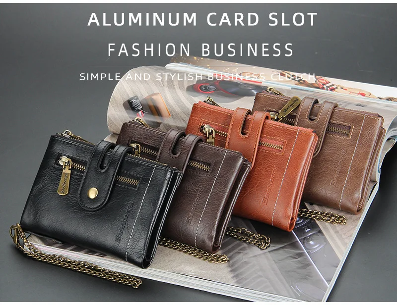 Baellerry 2021 New Wholesale Short Style Double Zipper Wallets With Chain for Men,Male Coin Purse Card Wallets Case Wholesale