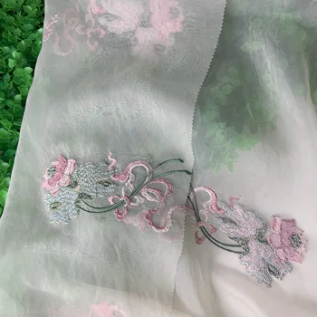 Light apricot organza contrasting flower embroidery fashion clothing fabric