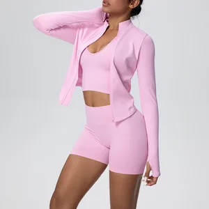 Seamless Lightweight Sportswear Set High Elastic Breathable Short Jacket with Front Logo Solid Color Elastic Waist 3 Pieces