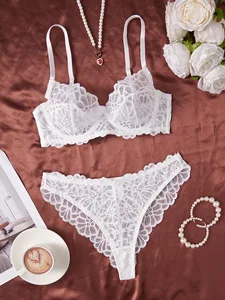 2026 Cross-Border New Arrival Sexy Lingerie Lace Print Sheer Sensuality Adjustable Straps Underwire Push-Up Bra Set