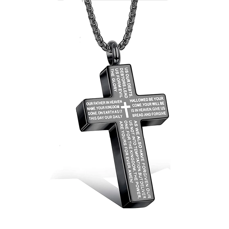 Cross Lords Prayer Pendant Necklace Stainless Steel In Black silver color Male Choker Cremation Urn jewelry for Memorial