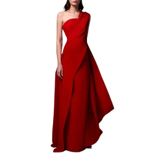 2025 Slanted Shoulder Lotus Leaf Edge Middle Waist Solid Color Temperament Commuter Long Dress Evening Dress