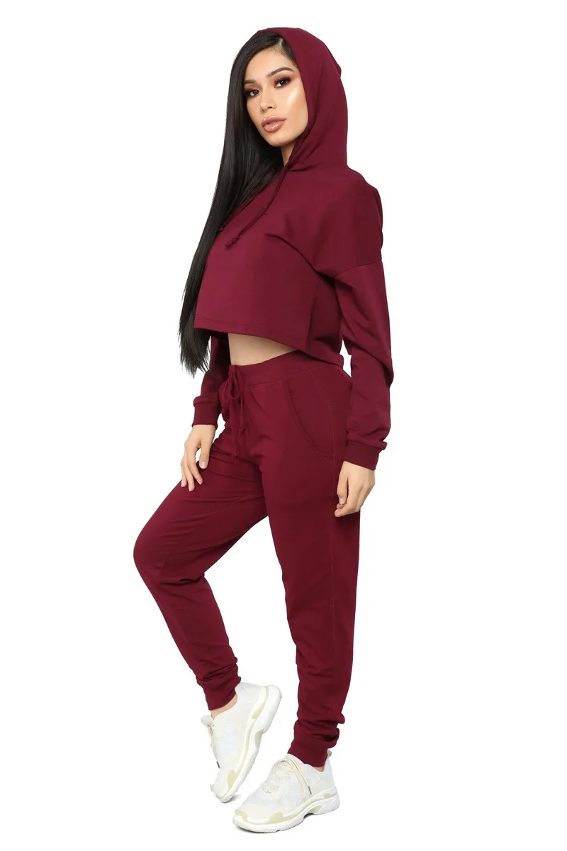 high quality fashion pullover cropped hoodie set solid color womens sweatshirt set
