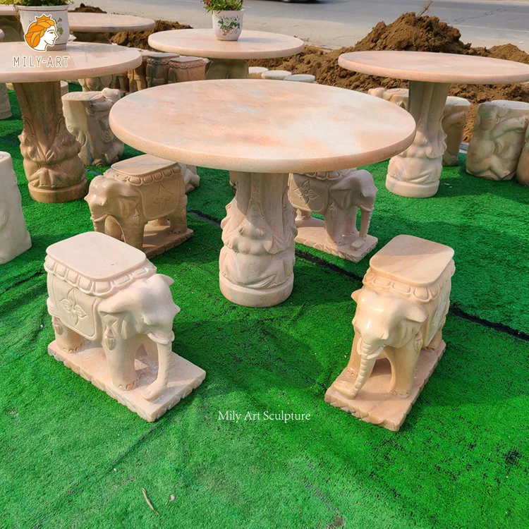 Outdoor Garden Landscaping Marble and Granite Garden Stone Tables with Elephant Statue Stool