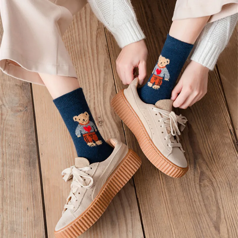 Wholesale Bulk Winter Cute Teddy Bear Cartoon Socks Women Comfy Warm Wool Crew Socks