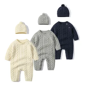 New Arrival Autumn Winter Newborn Romper Solid Color Knitted Baby Onesie Jumpsuits Outfits With Beanie