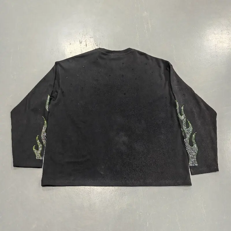 Manufacturer Custom Heavyweight Streetwear Rhinestone Y2k Vintage Wrinkle Resistant Tshirt Layer Long Sleeve T-Shirt Men gallery 2