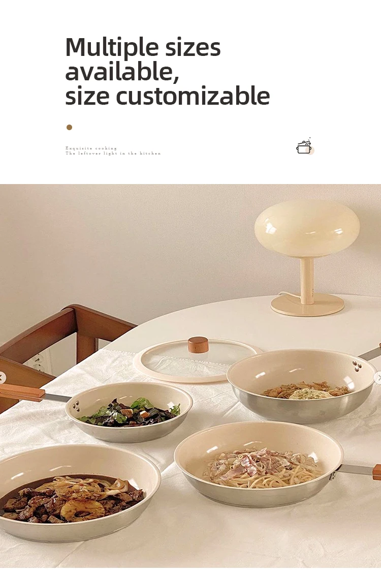 Custom Modern Kitchen Cream Three Layer Bottom Ceramic Glaze Paint Non Stick Stainless Steel 304 Frying Skillet Pan with Lid