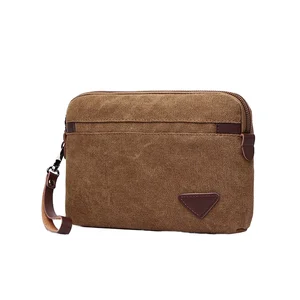 Factory Wholesale Canvas Portable Bag with Zipper Closure Clutch Bag for Men Purse Pouch Bag with Hand Strap for Card Coin