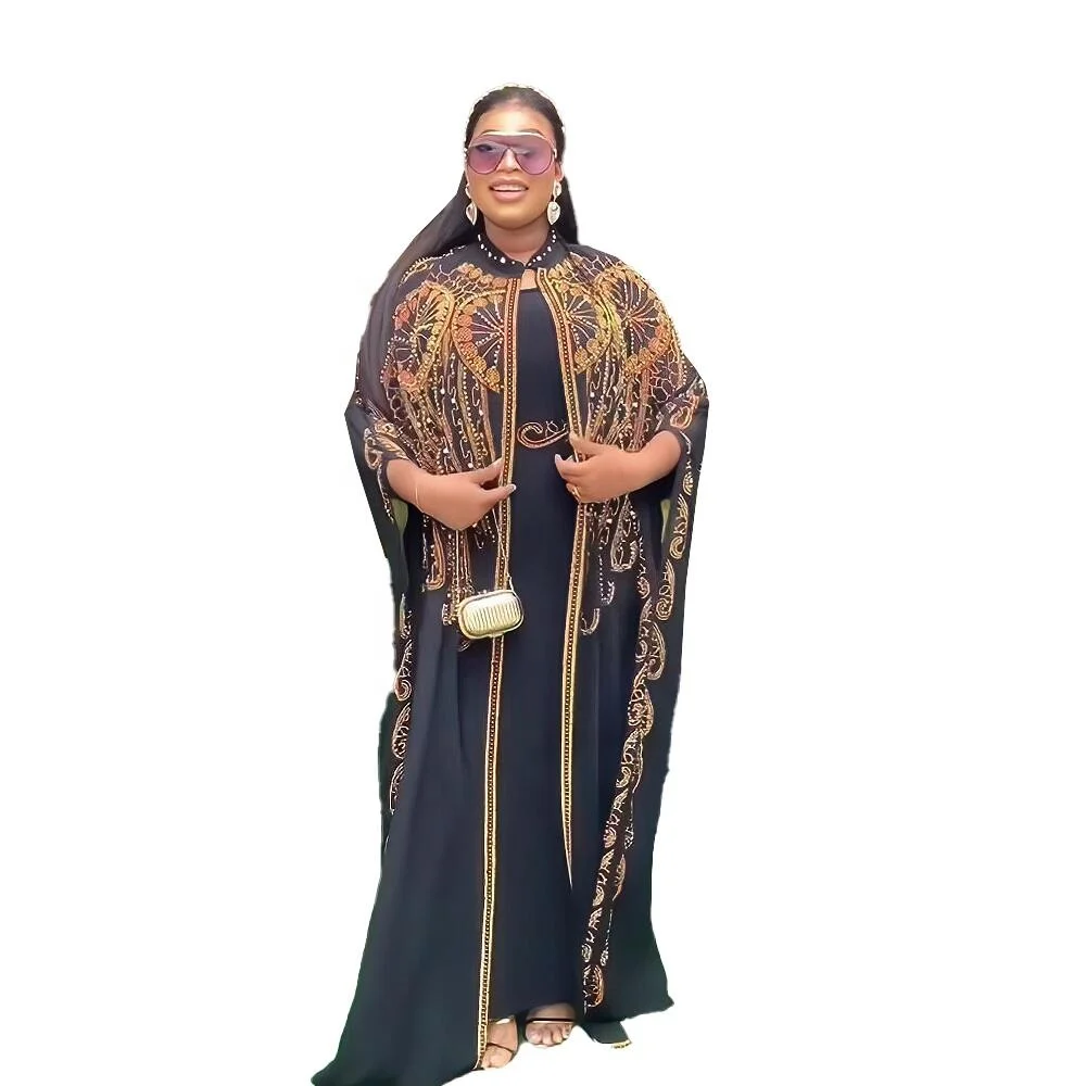 Elegant Black Ankara Dress for Ladies Luxury African Clothing Made of Polyester Plus Size Decorated Rhine Stone Inspired Turkey Elegant Black Ankara Dress for Ladies Luxury African Clothing Made of Polyester Plus Size Decorated Rhine Stone Inspired Turkey