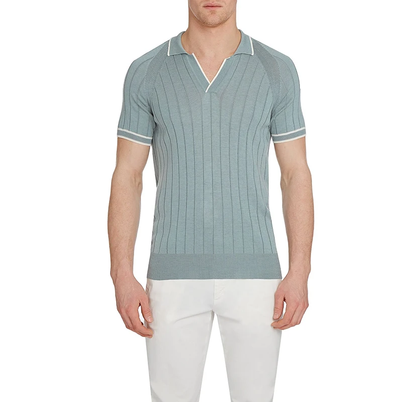 OEM Custom Latest Design Light  Green Almond Tailored Fit Rib Knit  Men Polo Shirt