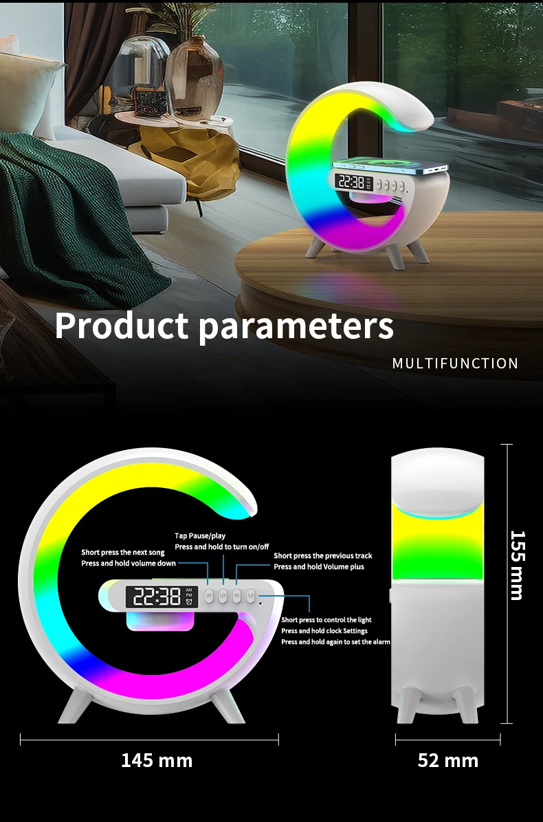 Bluetooth Speaker Atmosphere Table Lamp with Wireless Charger RGB Alarm Clock Ambient LED Night Light