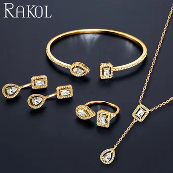 RAKOL SP3011 2022 Amazon Latest Fashion Jewelry Square Water Drop CZ Necklace Earrings Ring&Bangle Set 925 Silver Jewelry Women