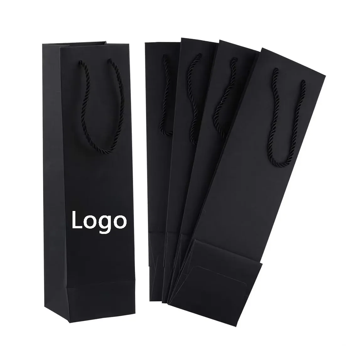 Reusable portable black cardboard paper bag with handle - logo customized, ideal as wine beverage gift bag & black shipping bag