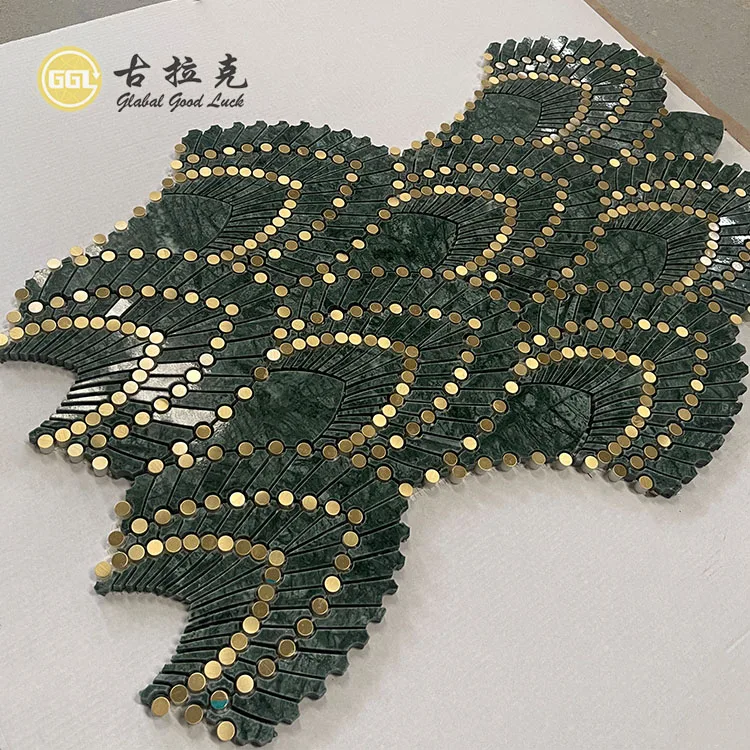 Green Marble Mix Brass Waterjet Cut Mosaic Luxury Decoration Wall Tiles factory