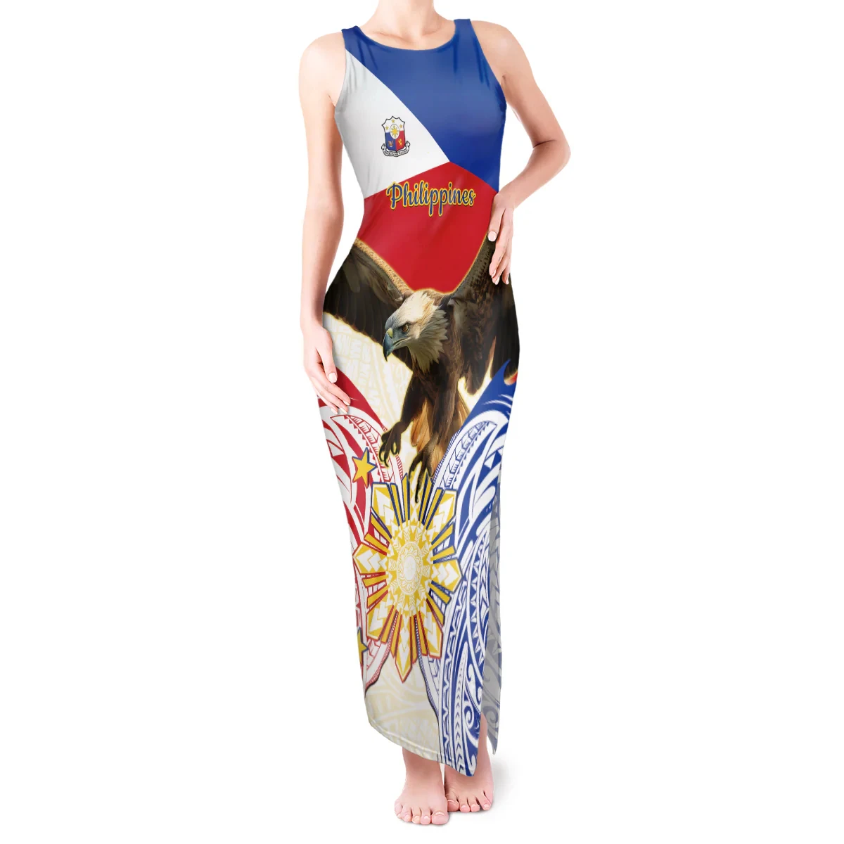 Custom Logo Printing Philippine Independence Day Sleeveless Long Dress Pilipinas Eagle Sexy Round Neck Slit Dress Wholesale