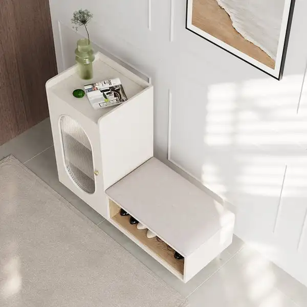 Upholstered Modern Shoe Storage Cabinet with Door White Entryway Storage Bench Cabinet