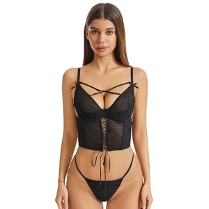 Lism Custom logo Wholesale Mature Hot Bow Push up Bustier Top With G-string Panty Fashion Lingerie Women Black Sexy Corsets Sets