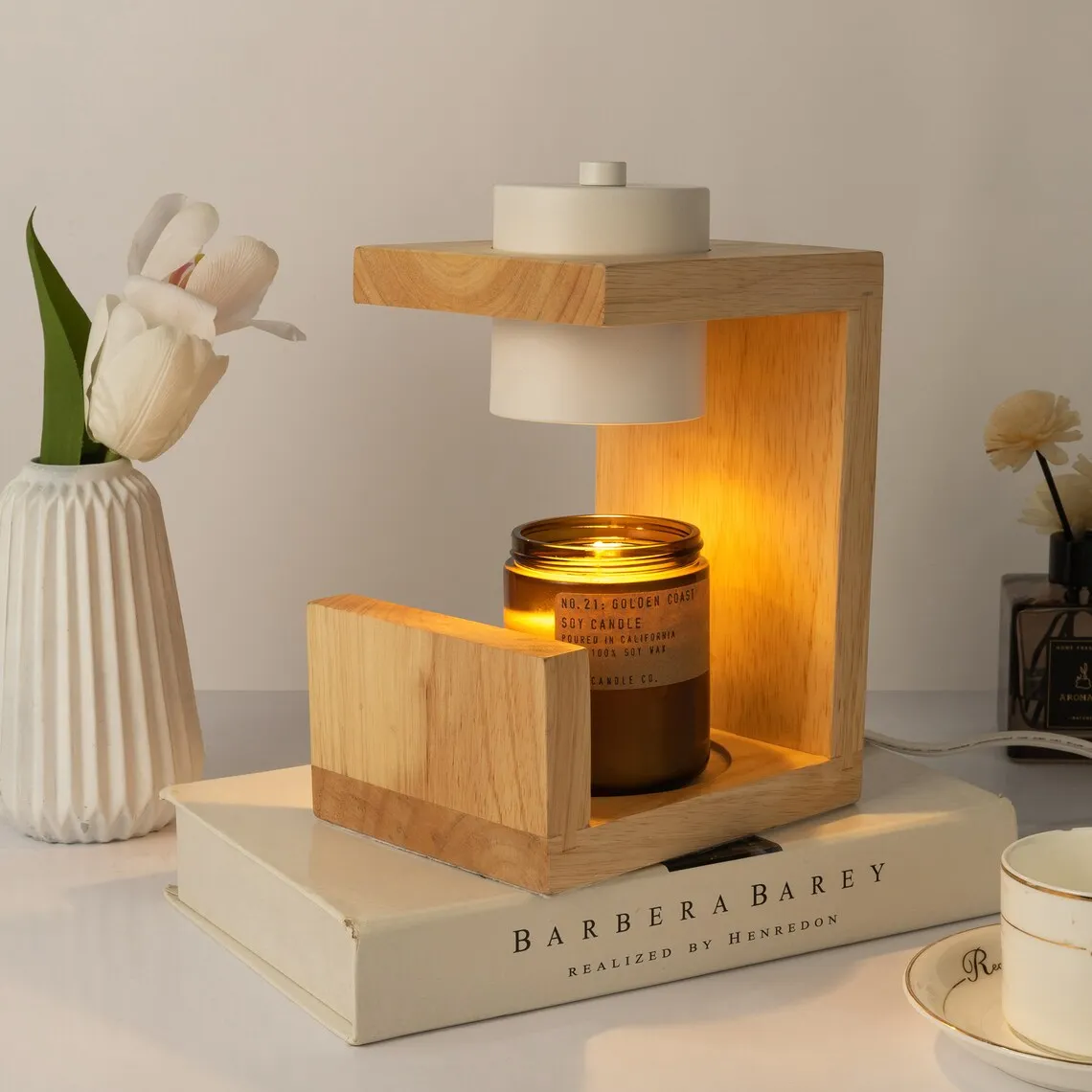 Classic Wooden Candle Lamp With Dimmer Electric Candle Melting Lamp