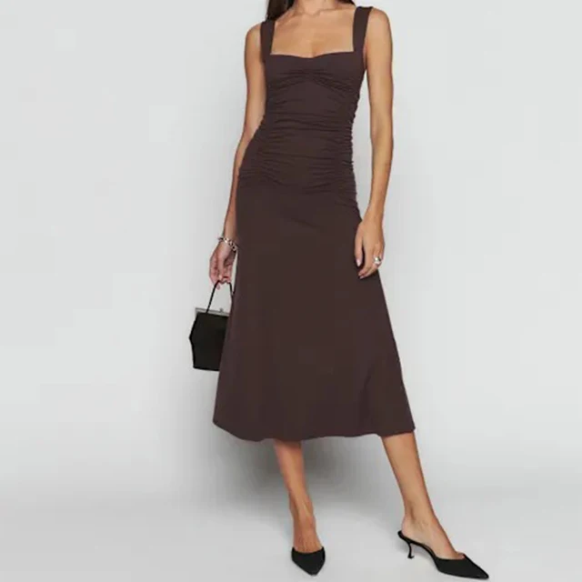 Sophisticated Style Stylish Women's Elegant Brown Midi Length Dress High Quality Ruched Detailing Eco-Friendly Figure Hugging