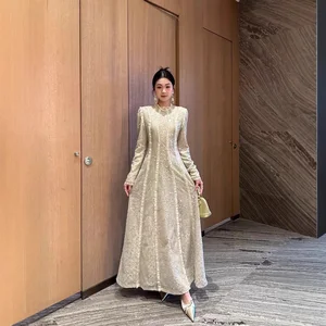 Autumn Evening Party Maxi Dress for Women Sequined Tulle Mesh Floral Patchwork Ruffle Lace Beading Long Sleeve Empire Waist