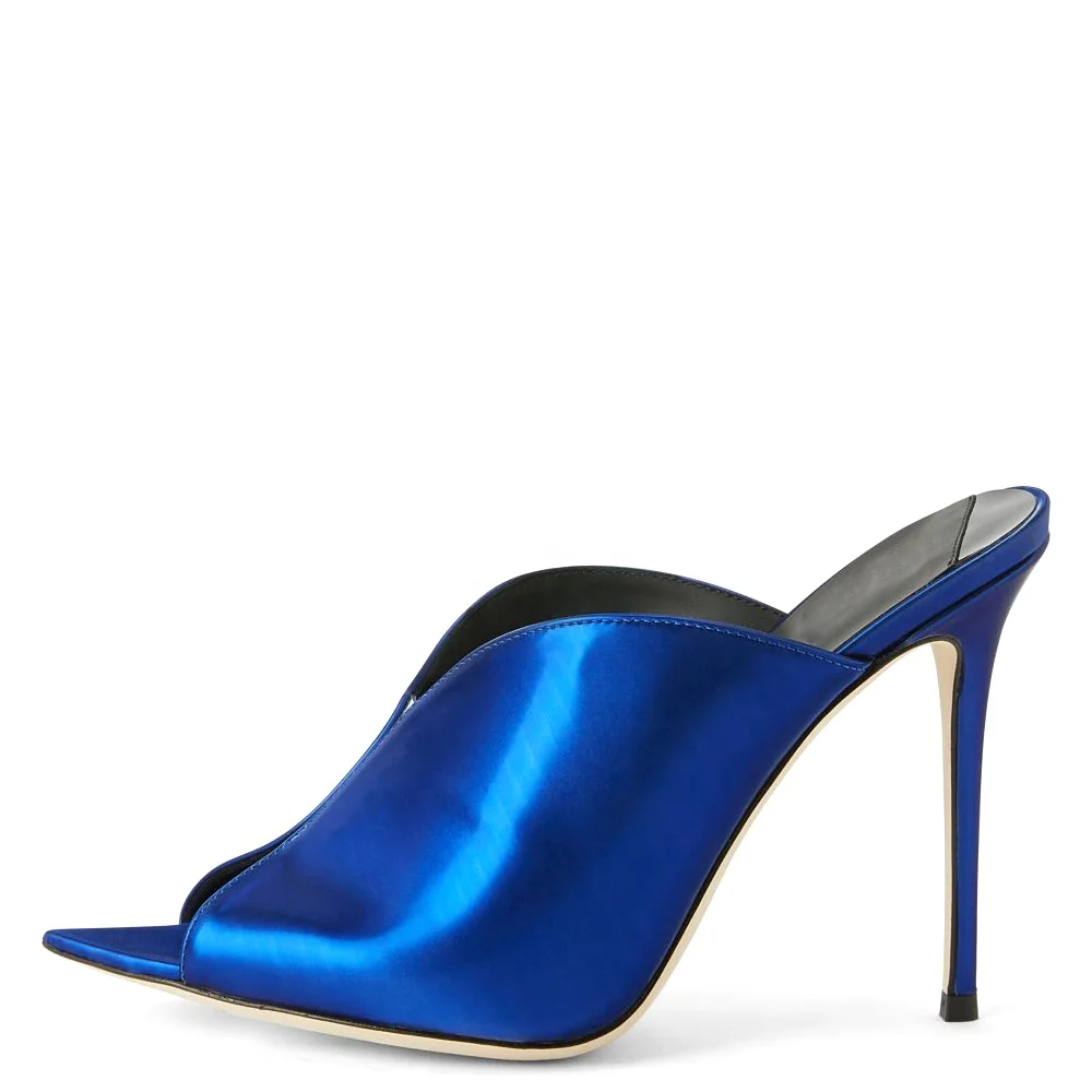 Metallic Royal Blue Open Toe High Heel Ladies Sandals Mules