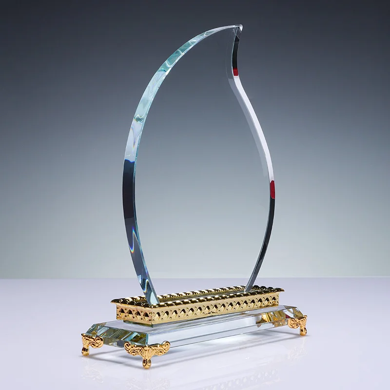 PuJiang Glass Trophy Manufacturer Blank Glass Award With Gold Metal Base details