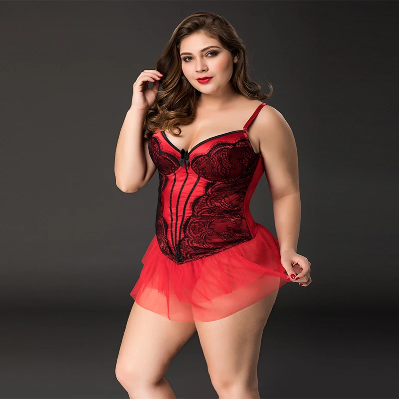 Luxury Fat Women Sexy Lace Corset Bustiers Lingerie Red Short Dress Garter Belt slip Ladies Lingerie