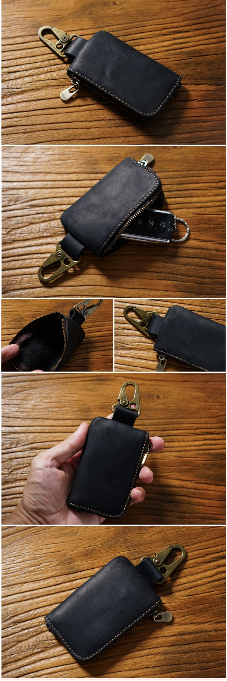 Genuine Leather Vintage Key Holder Organizer With Zip Pouch_voghion.com
